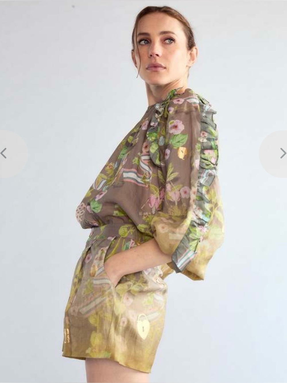 NWOT Cynthia Rowley Designer Dawn Blouse Large Floral Ruffle Gold Foil ~$345 - Picture 3 of 15